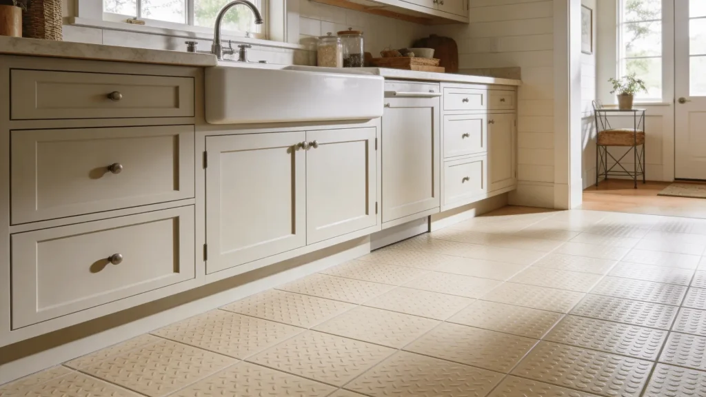 Textured anti-slip tiles on a kitchen floor near a sink area showing surface grip