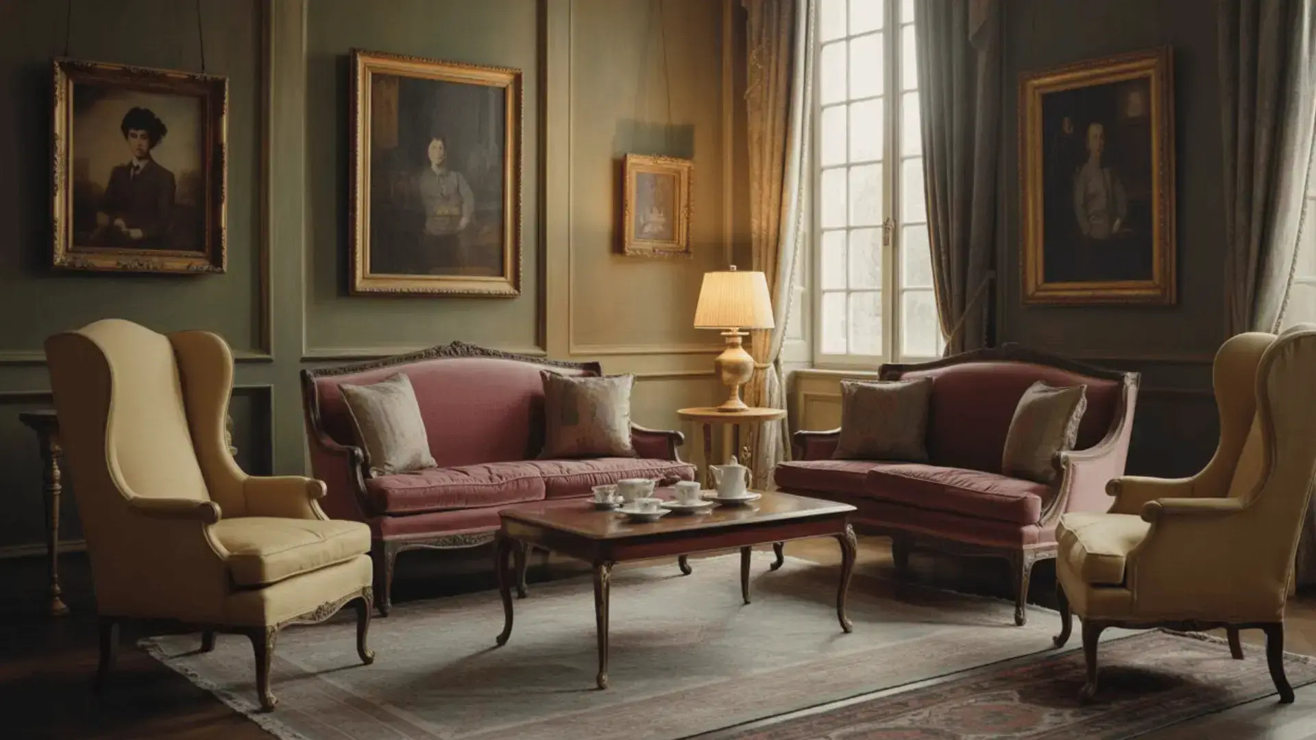 Traditional European drawing room with formal seating and simple décor arranged for conversation)