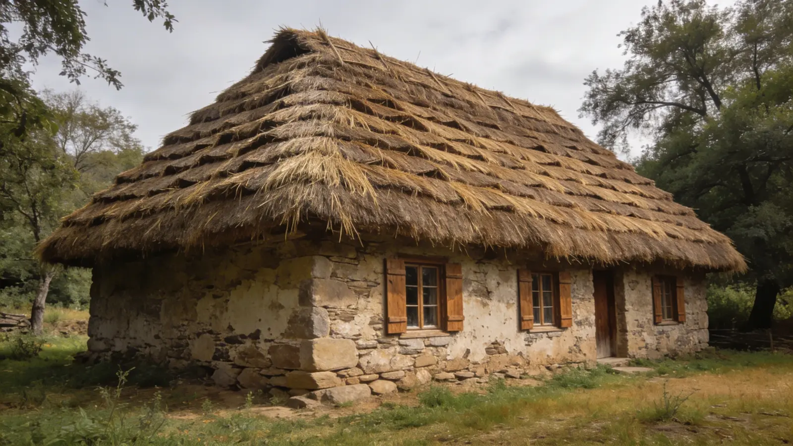 Traditional cottage with thick thatched roof in a rural setting