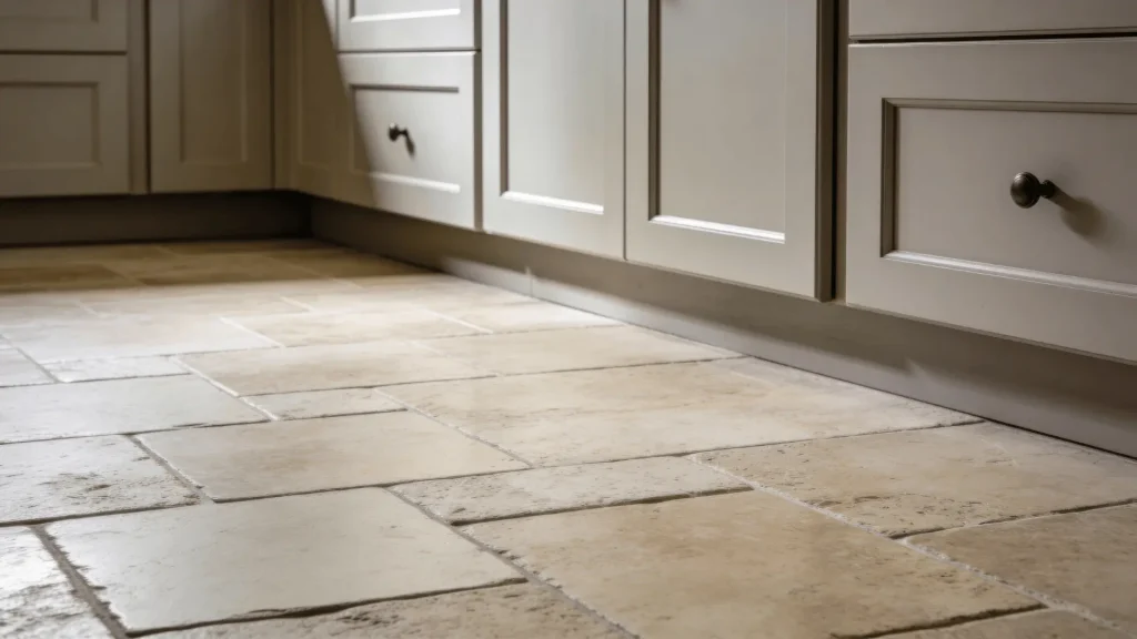 Travertine tiles with natural texture and soft color variation on a kitchen floor