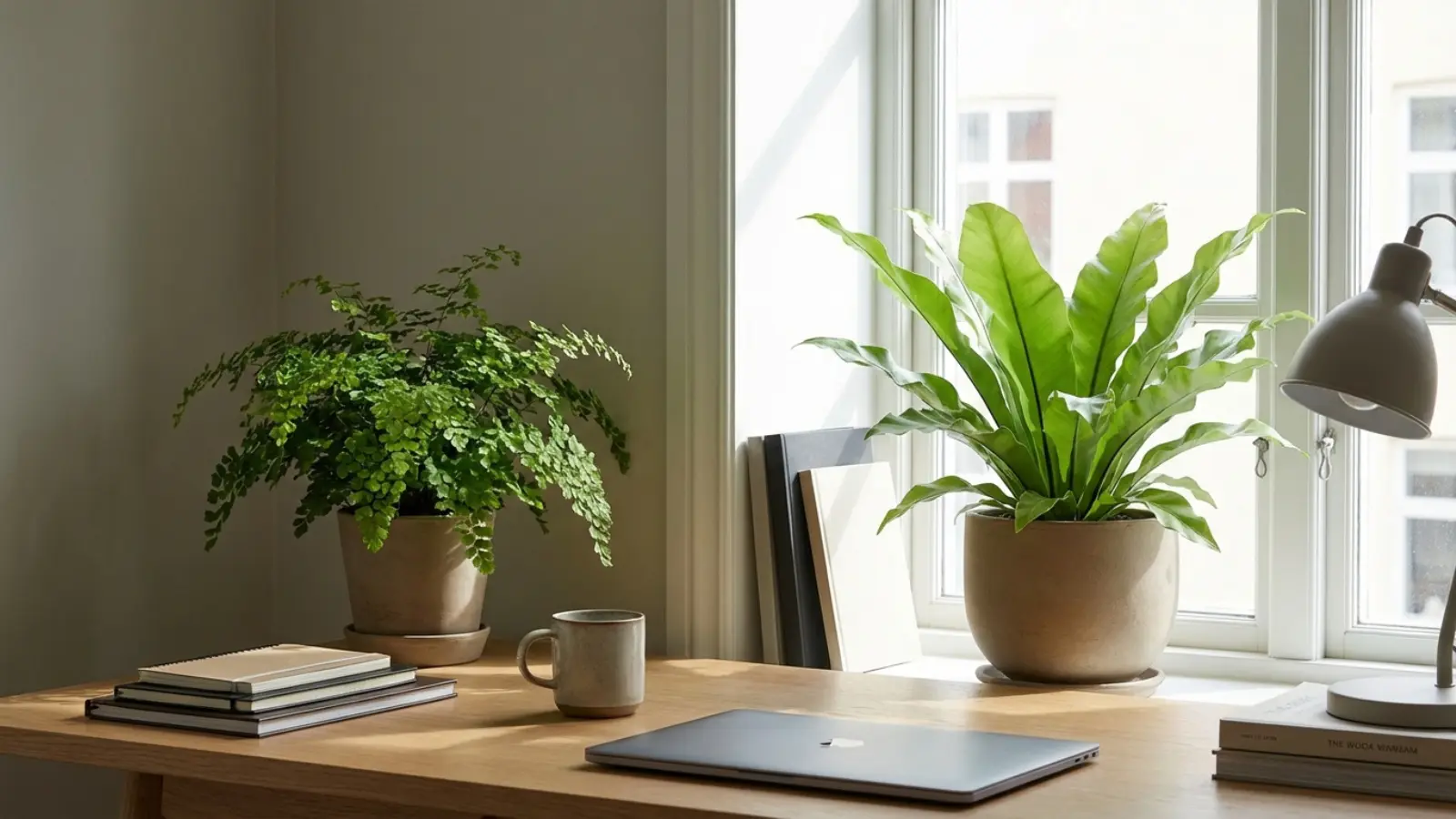 Two fern types with different frond structures placed in varying light conditions indoors