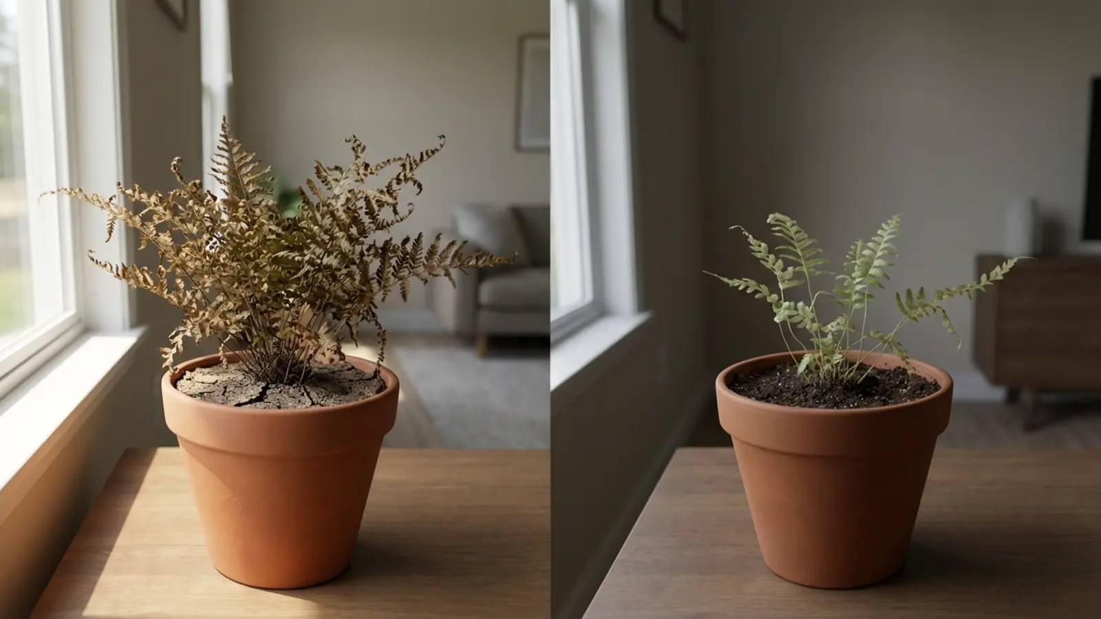 Two ferns showing sun damage with brown leaves and low light with pale sparse growth