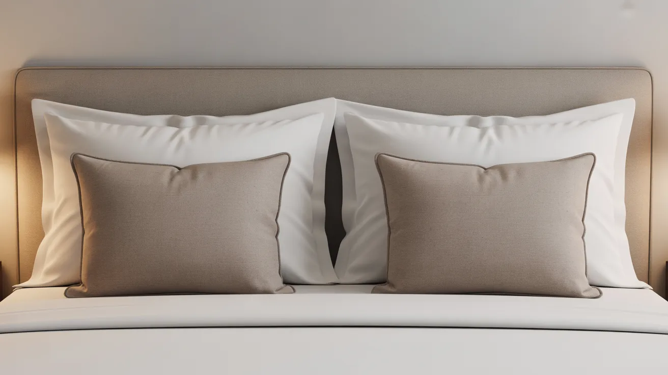 Two king pillows against a headboard with two euro sham pillows placed in front on a queen bed.
