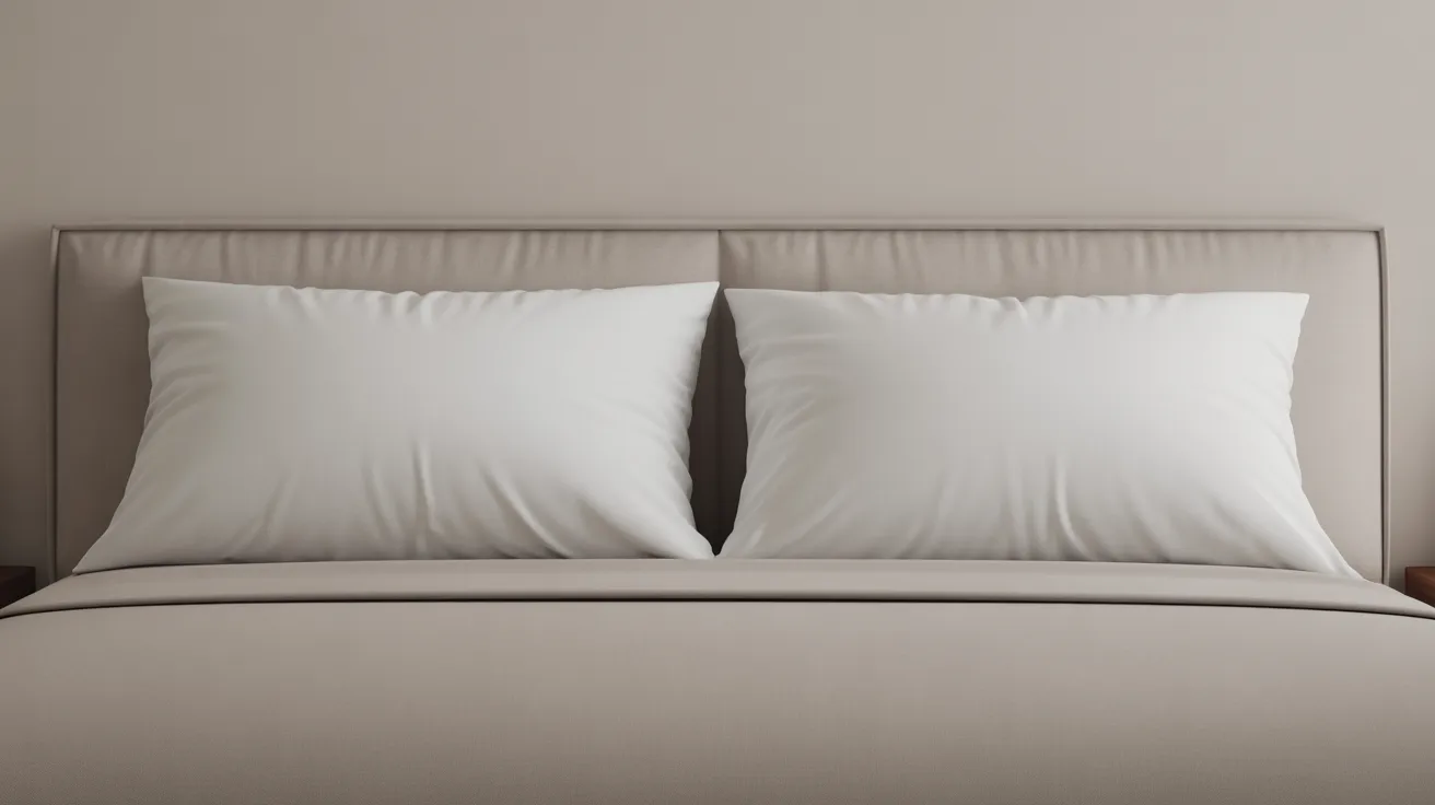 Two king pillows placed side by side across a queen bed against a headboard.