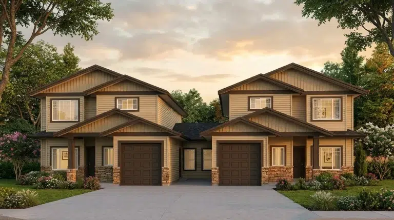 Two-unit twin home with matching facades, separate garages, and shared wall in a suburban setting.
