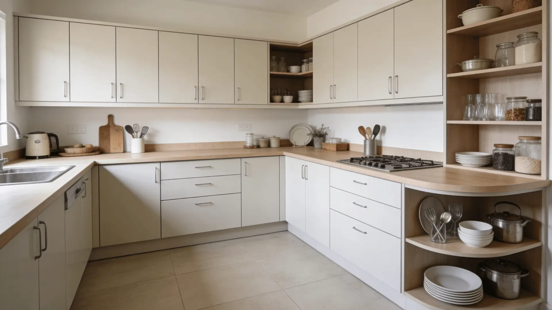 U-shaped kitchen with cabinets on two walls, open center space, and arranged utensils and appliances