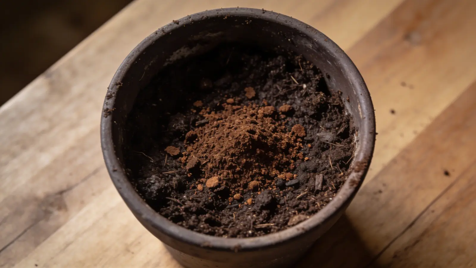 Used coffee grounds sprinkled on soil in a small plant pot