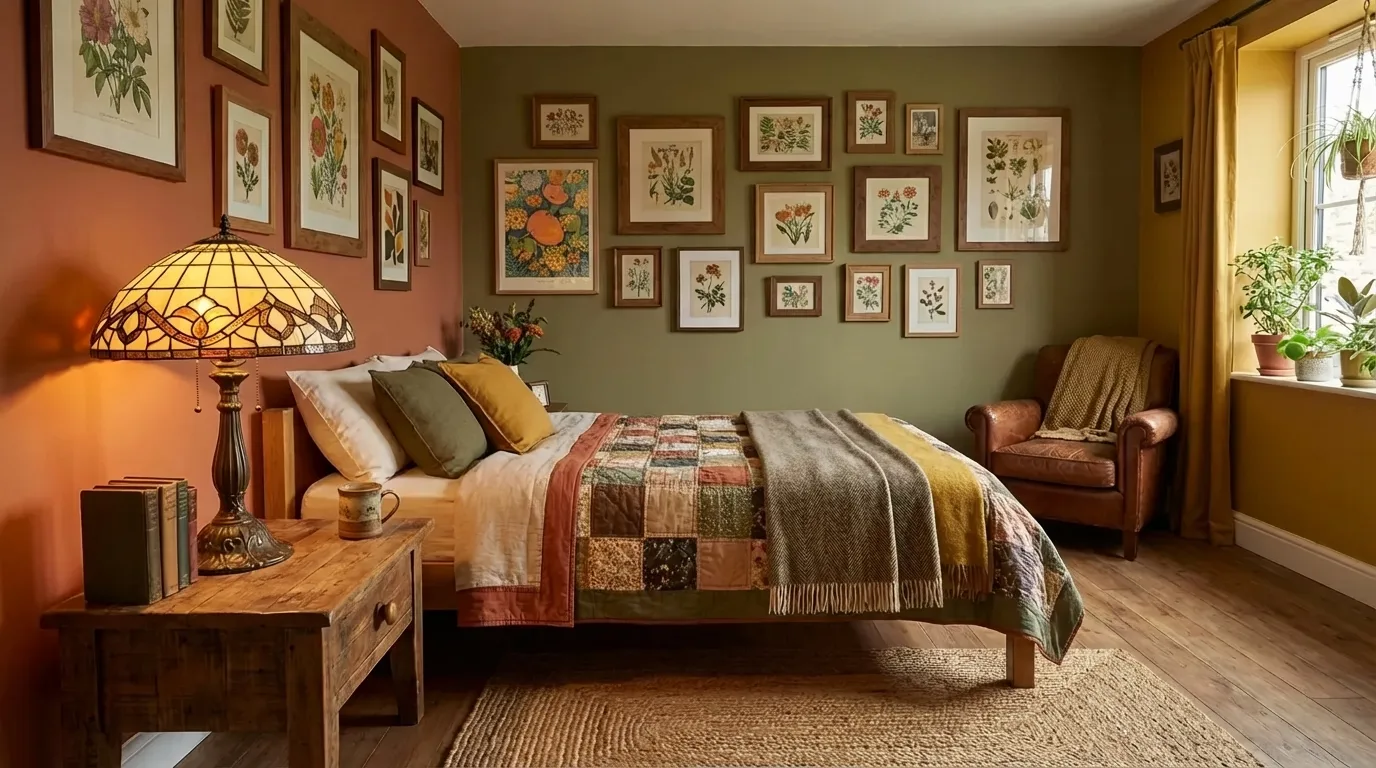 Vintage aesthetic bedroom with retro lamp, mismatched frames, and warm earthy tones.