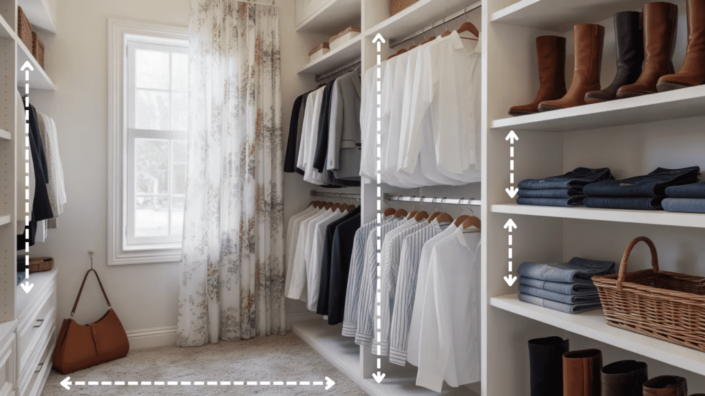 Walk-in closet with hanging shirts, folded clothes, boots, and a basket, organized shelves