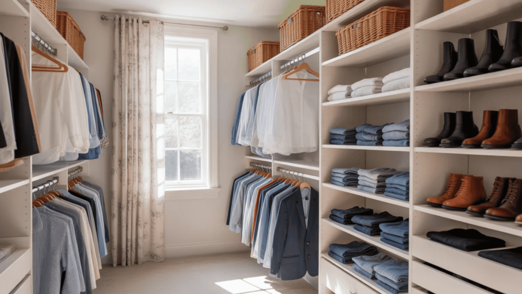 Walk-in closet with neatly arranged clothes, folded jeans, shoes, and baskets on shelves, with soft natural light coming through a window