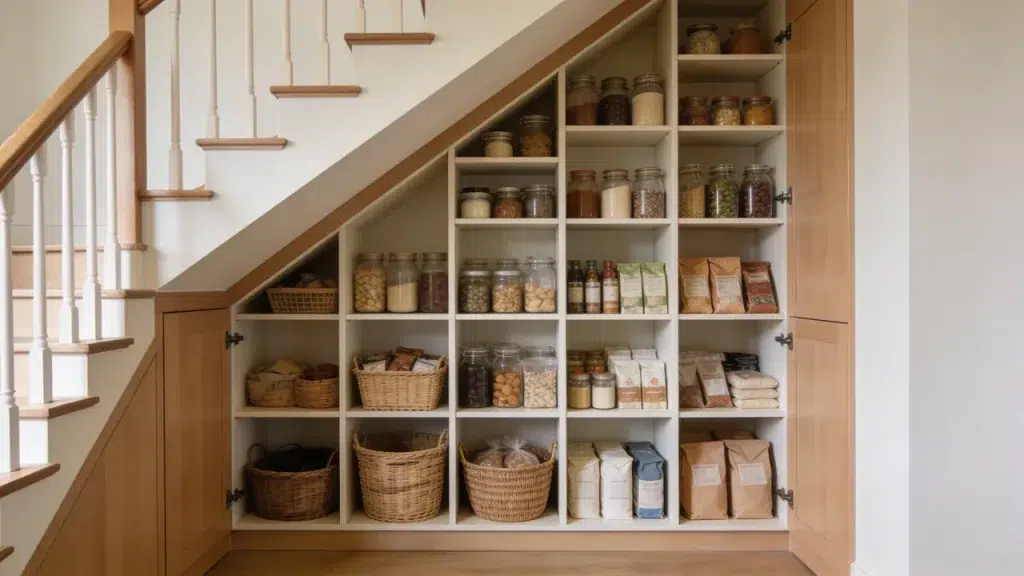 Walk-in pantry built under stairs with sloped ceiling and custom shelves storing kitchen items