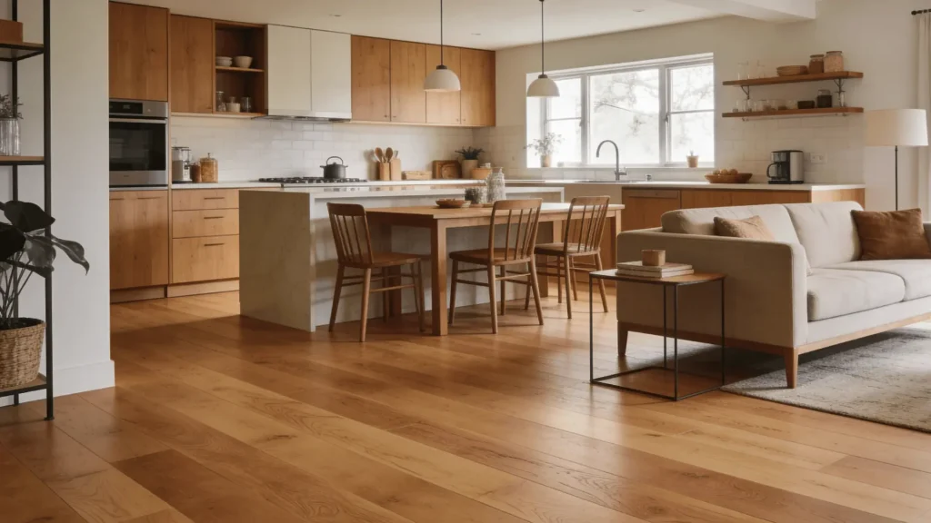 Warm oak engineered wood flooring in an open-plan kitchen extending into an adjacent living area