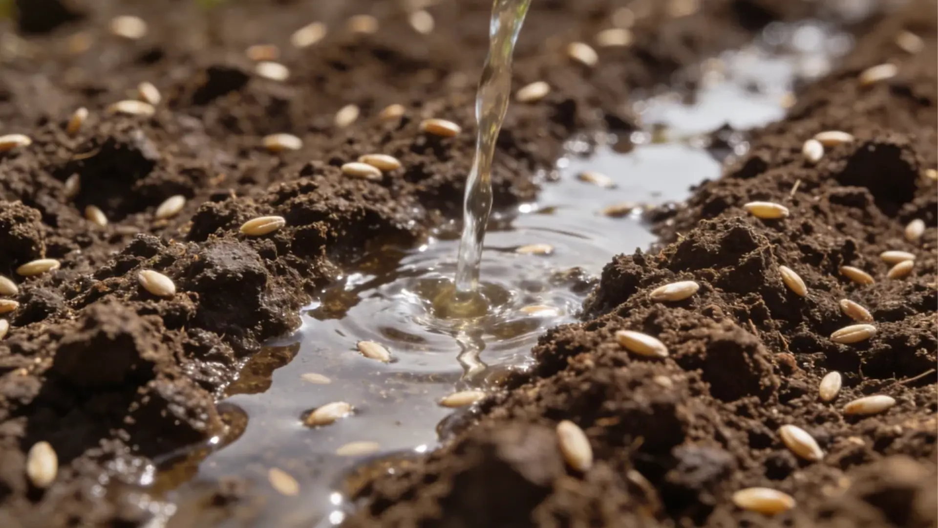 Water soaking into soil after seeds are planted with evenly moist surface for germination