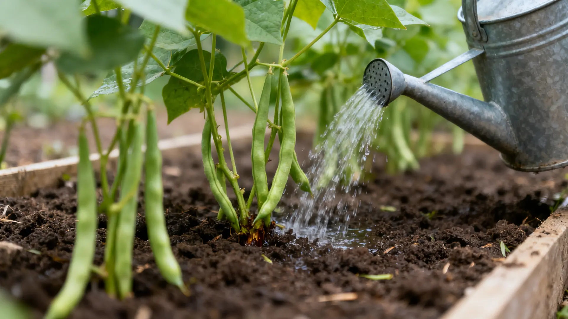 Watering can pouring water at the base of green bean plants in an outdoor garden bed.