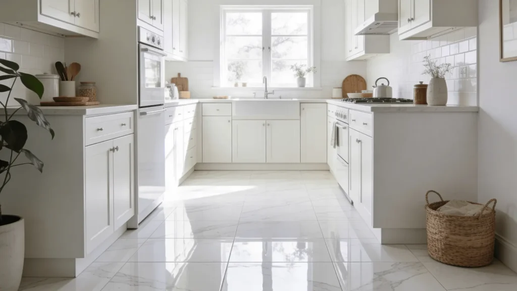 White marble-look tiles with subtle veining on a bright kitchen floor with light cabinets