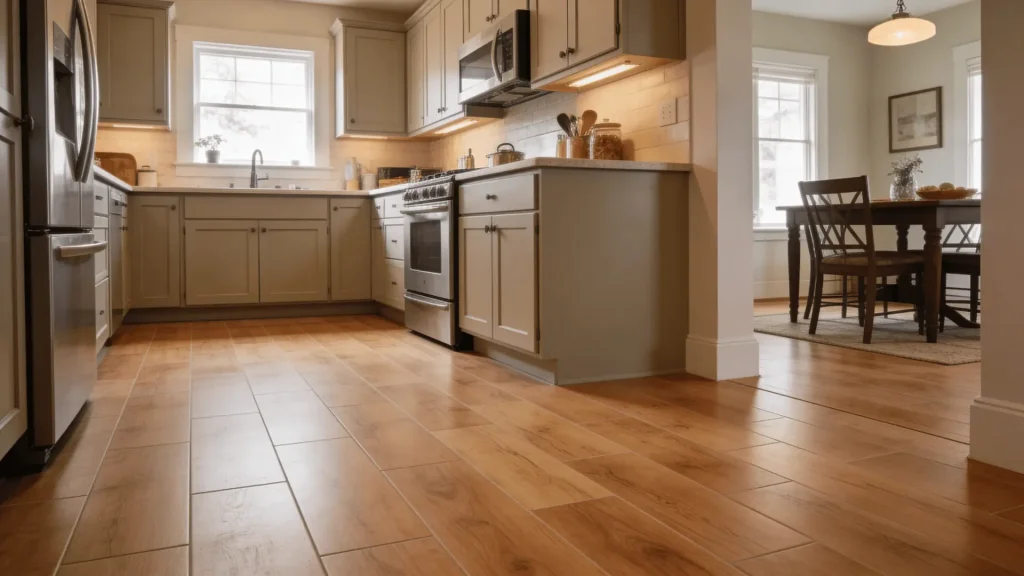 Wood-look porcelain tiles with warm tones on a kitchen floor with neutral cabinets