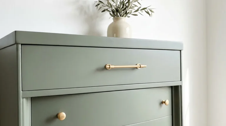 Wooden dresser painted in muted green with gold brass hardware against a white background