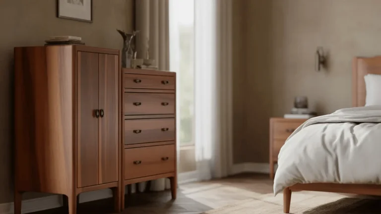 Wooden dresser with drawers and cabinet with doors inside a furnished bedroom.