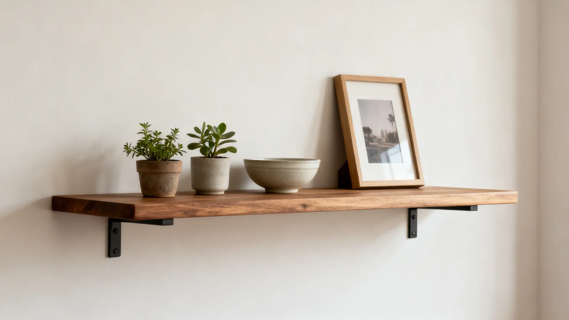 Wooden floating shelf on wall holding small plants, ceramic bowls, and a framed photo with hidden bracket support.