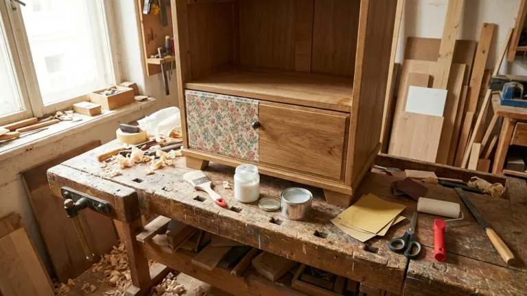 Wooden furniture with decorative paper applied and tools arranged on a workspace table