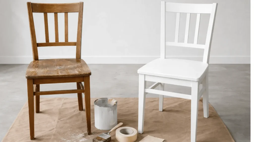 Worn wooden chair beside a painted white chair with paint can, brush, sandpaper, and tape on floor mat