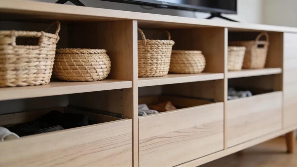 Woven baskets placed in TV stand shelves for storage