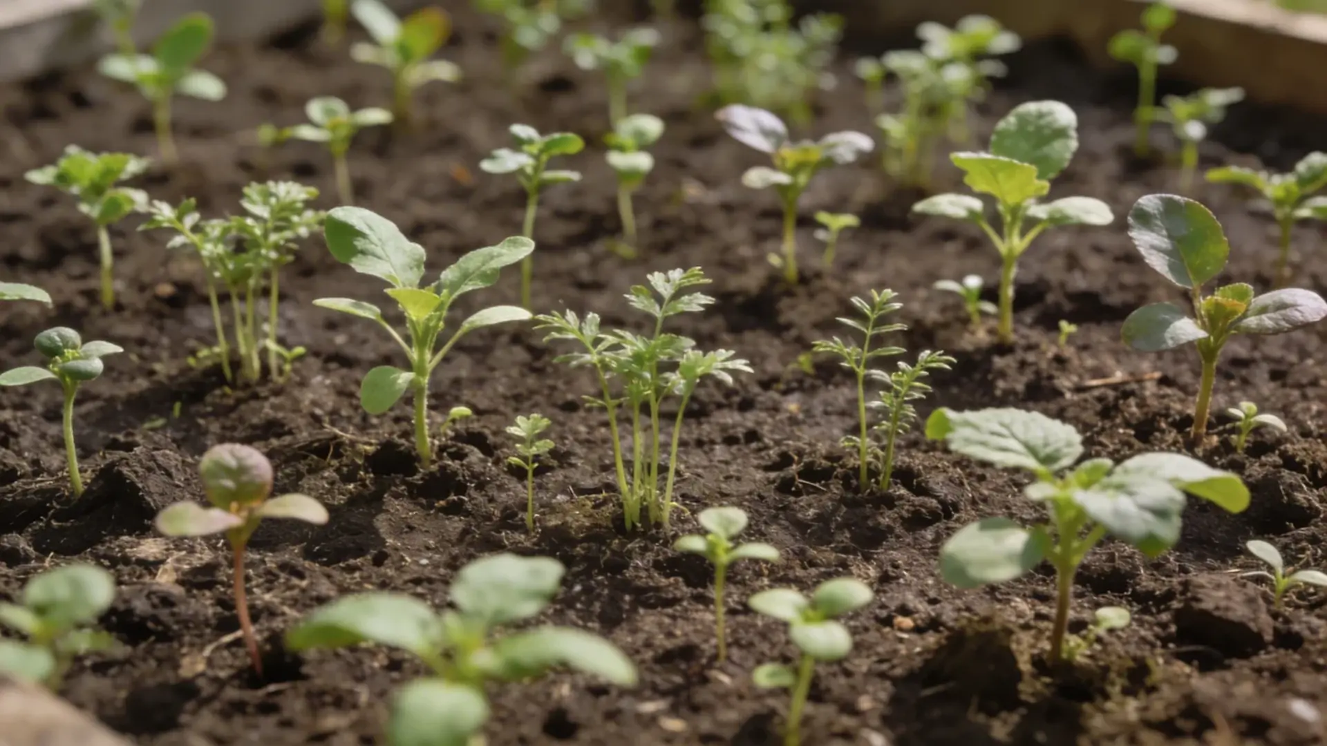 Young plants growing unevenly in a garden bed showing natural competition and early growth