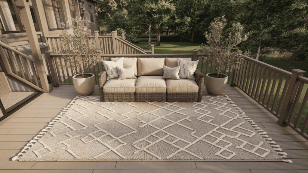 a backyard deck with outdoor seating and a rug, creating a comfortable hangout area just outside the back door.