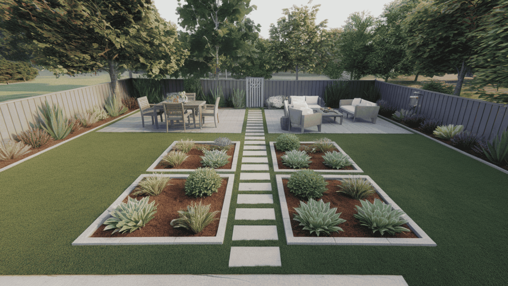a backyard divided into dining, lounging, and planting zones using surface changes and layout, making the space feel organized.