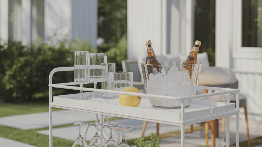 a backyard drink station using a bar cart for drinks and supplies, keeping hosting organized without extra trips inside.