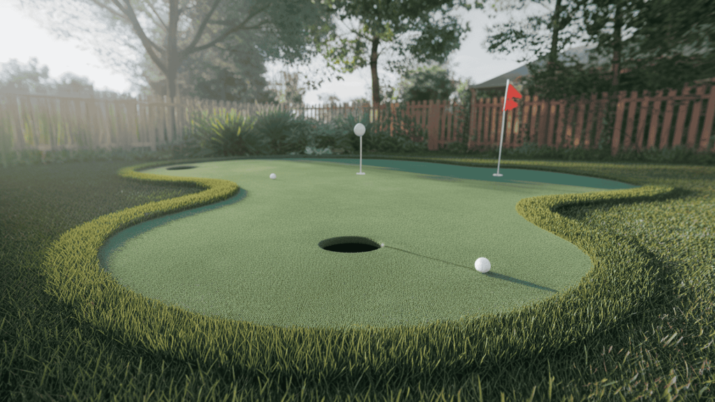 a backyard putting green with synthetic turf and a couple of holes, adding a fun game zone with low upkeep.