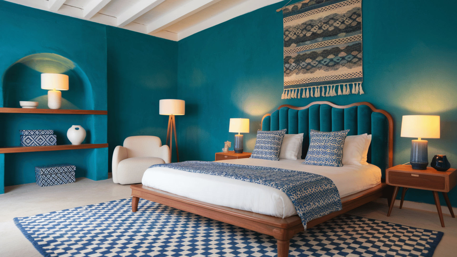 a bedroom featuring a vibrant teal wall, a plush bed with blue and white bedding, and minimalist decor.