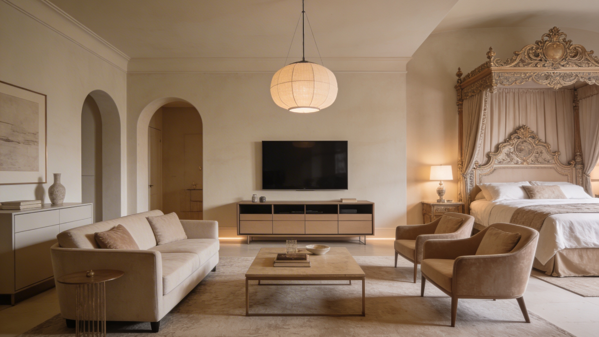a bedroom suite seating zone with a loveseat, accent chairs, table, area rug, and hanging light for a complete lounge feel