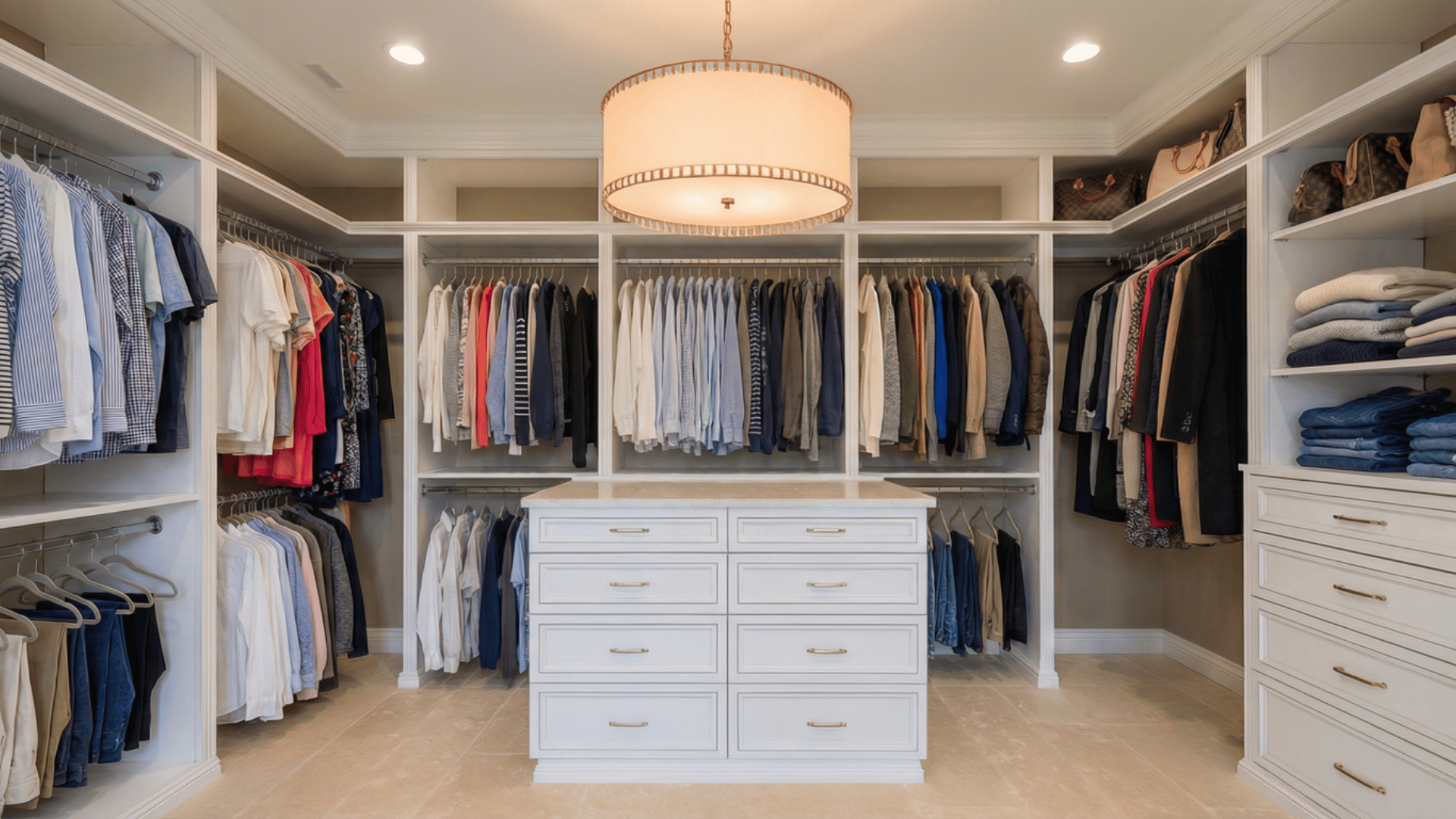 a chandelier or oversized drum shade adds a designer touch to your closet’s ceiling