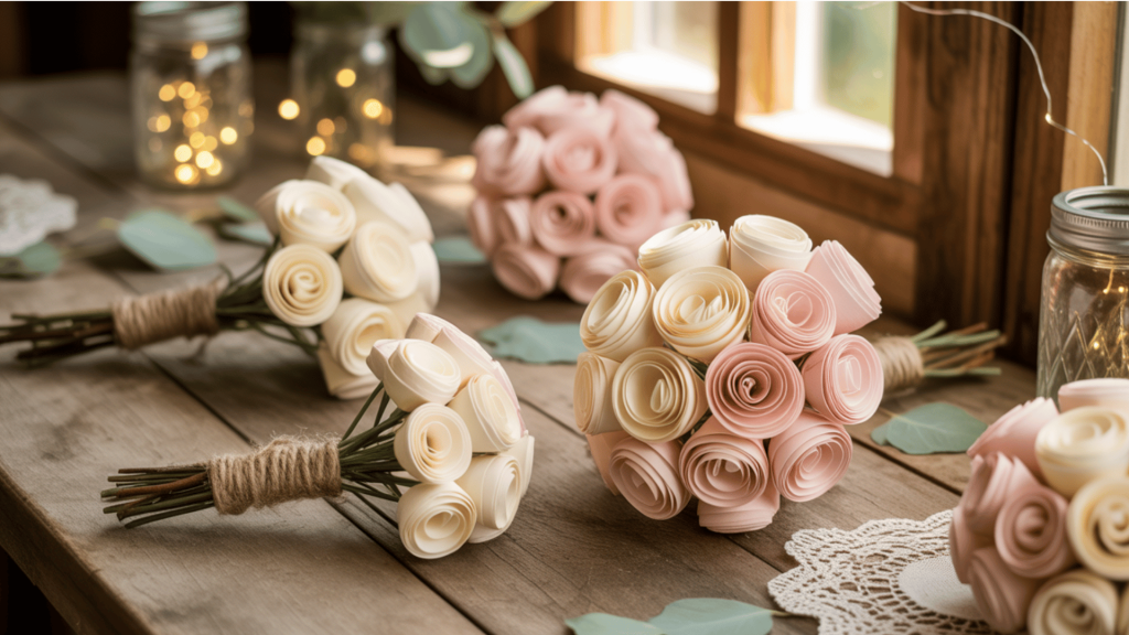 a close-up shot of delicate handmade wedding favors tied with twine and decorated with lavender, offering a charming, personal touch.