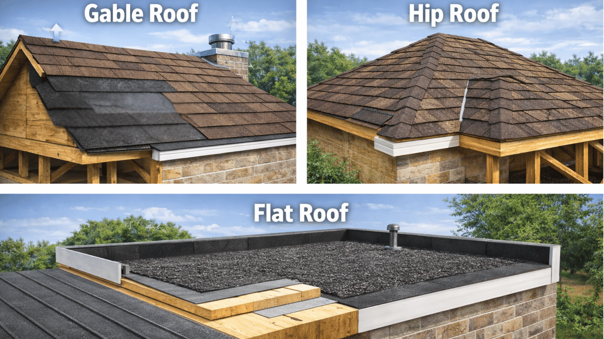a collage of Gable, Hip, and Flat roof types, highlighting key components and features.
