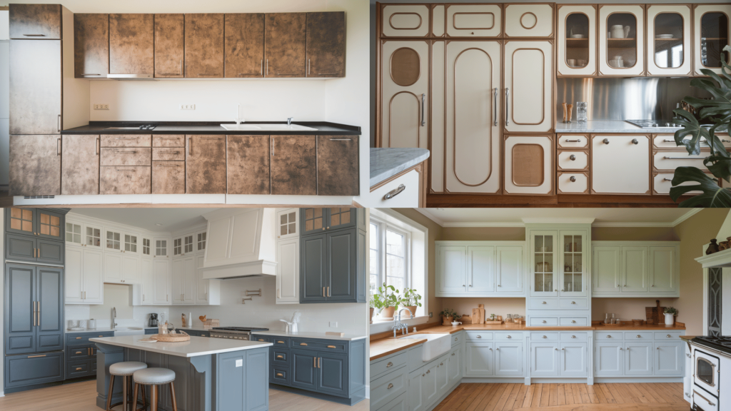 a collage of diverse kitchen cabinet door styles, including textured, two-tone, modern, and vintage designs.
