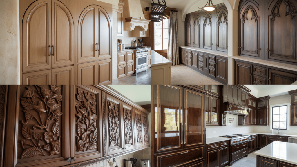 a collage of kitchen cabinet door styles featuring arch panel, cathedral, carved wood, and dark stained finishes.