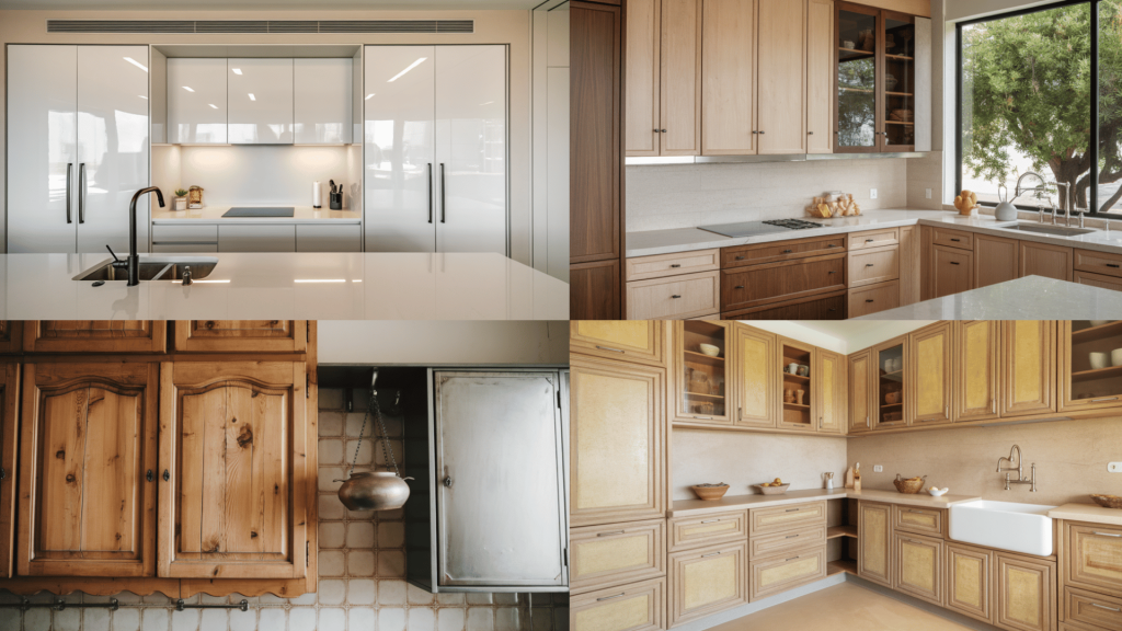 a collage of various kitchen cabinet door styles sleek modern, wood finishes, vintage, and textured designs.