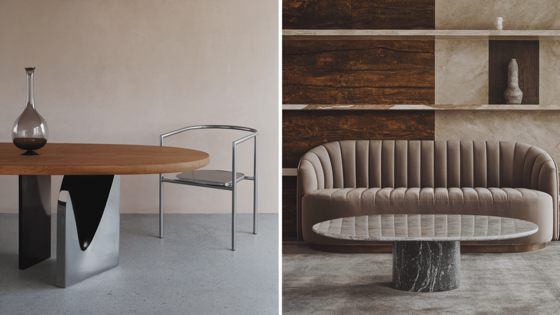 a collage showing a modern dining table with a minimalist chair on the left and a contemporary velvet sofa on the right