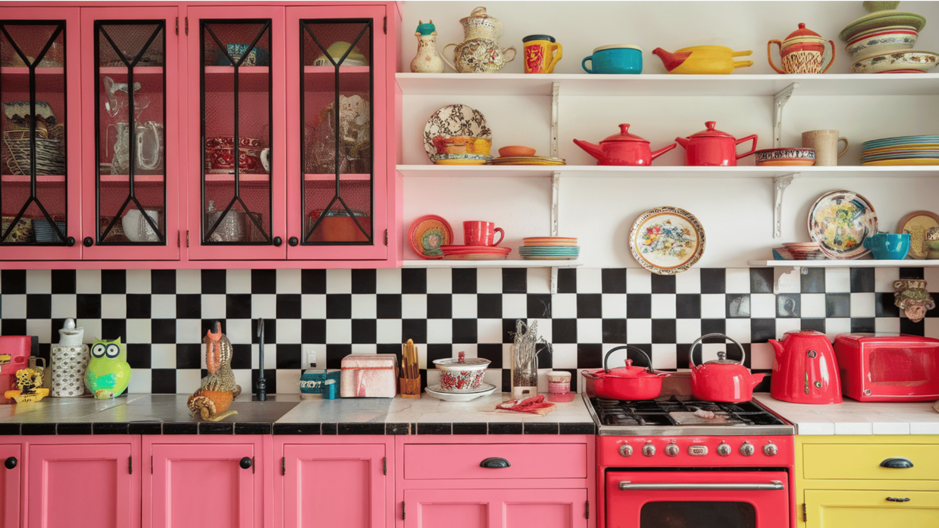 a colorful kitchen with pink cabinets, black-and-white checkered backsplash, and playful kitchen accessories.