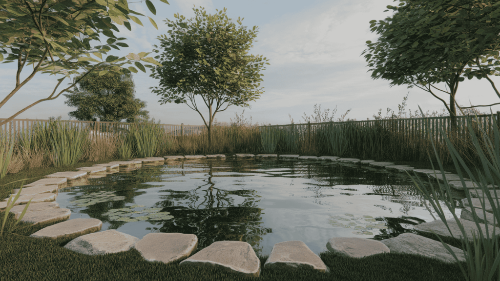 a compact backyard pond with aquatic plants and stone edging, adding calm character in a small corner of the yard.