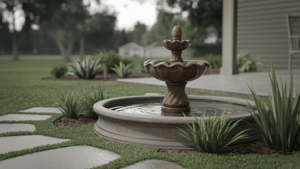 a compact fountain near a seating area, surrounded by plants, adding soft water sound and a clear focal point.