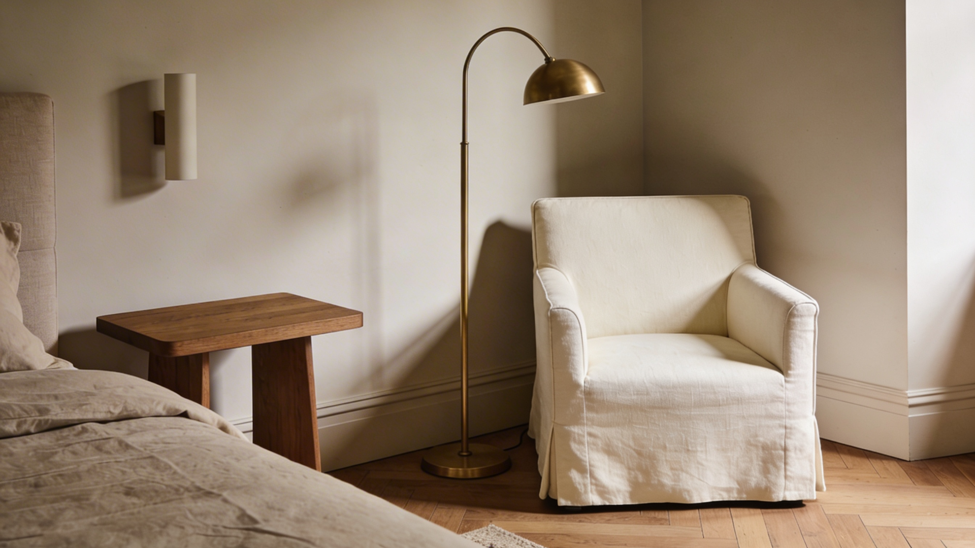 a corner nook in a master bedroom with a single armchair, floor lamp, side table, and small rug defining a quiet sitting spot