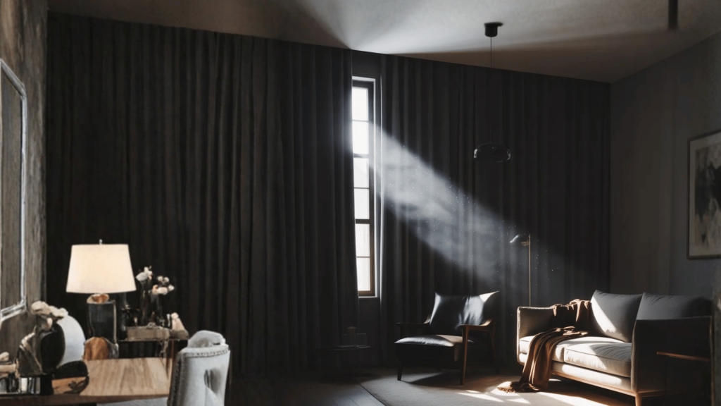 a cozy bedroom with dark curtains, a plush armchair, and soft lighting, with sunlight streaming in from a partially open window