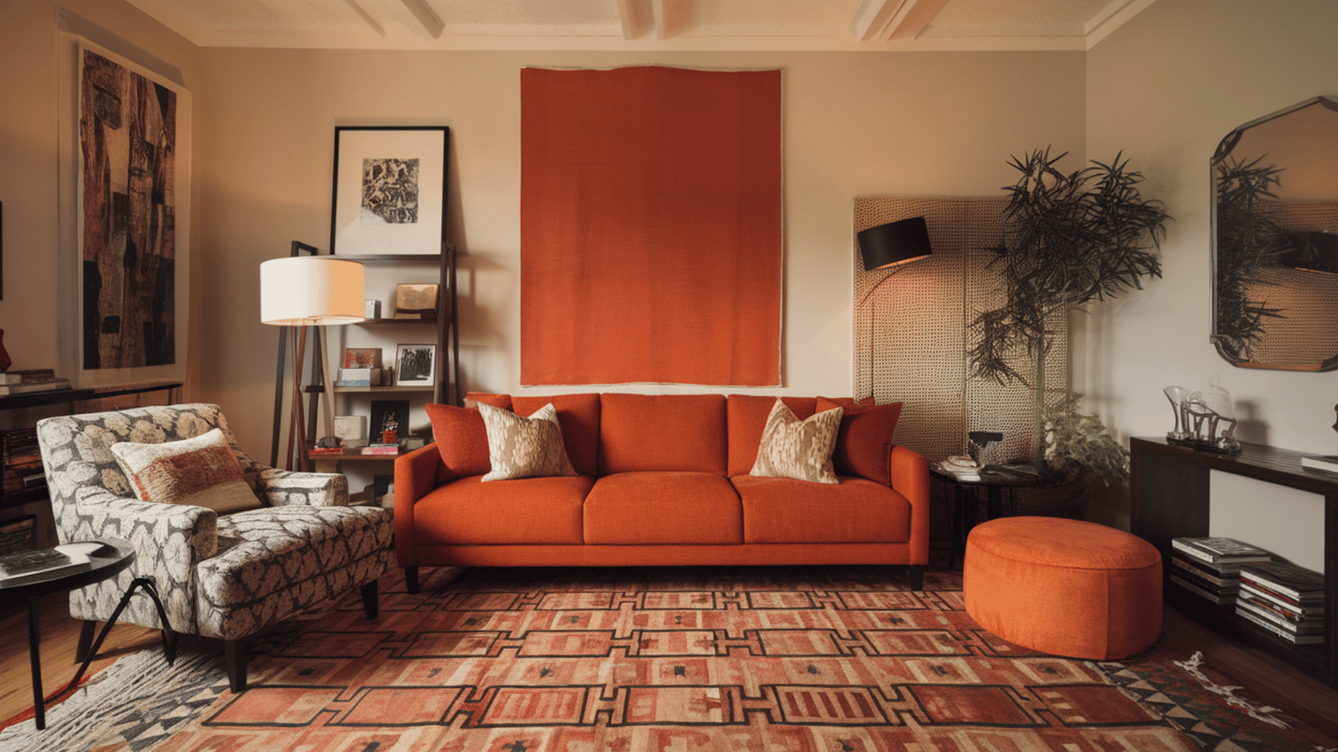 a cozy living room with a bold orange sofa, patterned rug, eclectic decor, and modern lighting