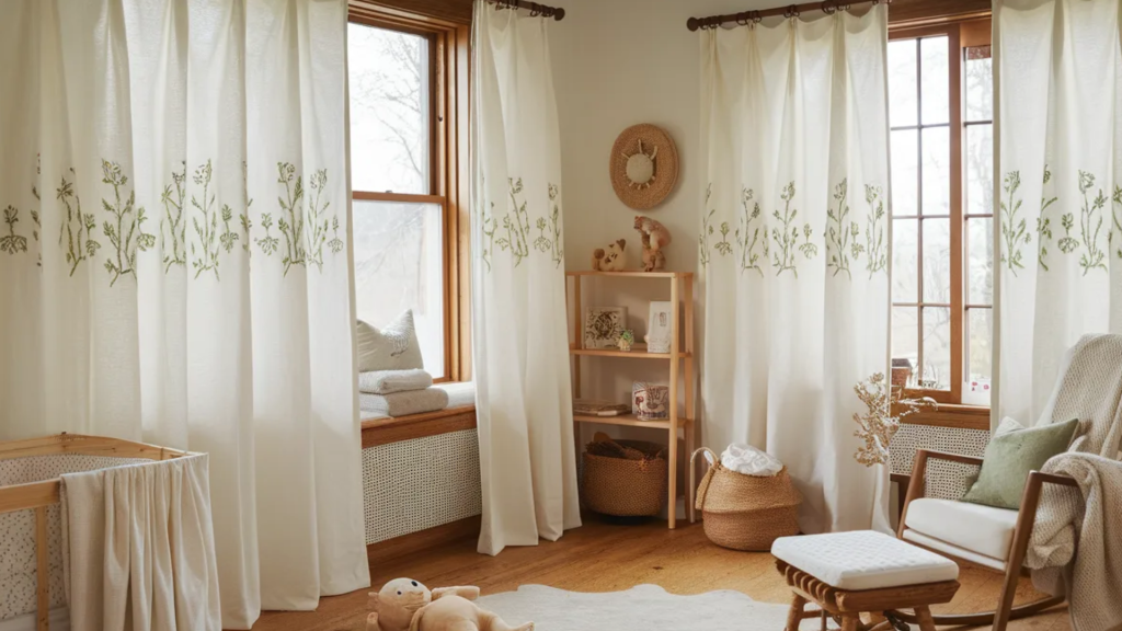 a cozy nursery with embroidered floral curtains, a crib, a rocking chair, and a shelf with cute decor and a plush toy on the floor