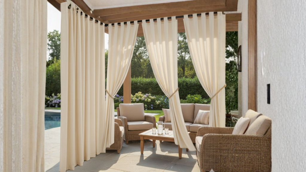 a cozy outdoor seating area with light beige curtains tied back with ropes, wicker chairs, a wooden coffee table, and a serene garden and pool in the background