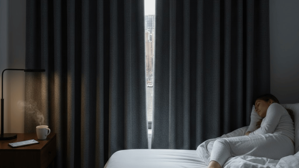a cozy room with dark quilted curtains tied back, a stylish chair with a knitted throw, and a window showing a snowy winter landscape, with a pendant light hanging above (1)