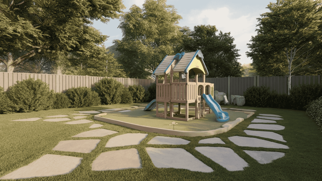 a defined play corner with soft ground cover and clear borders, keeping toys and activity contained in one area.